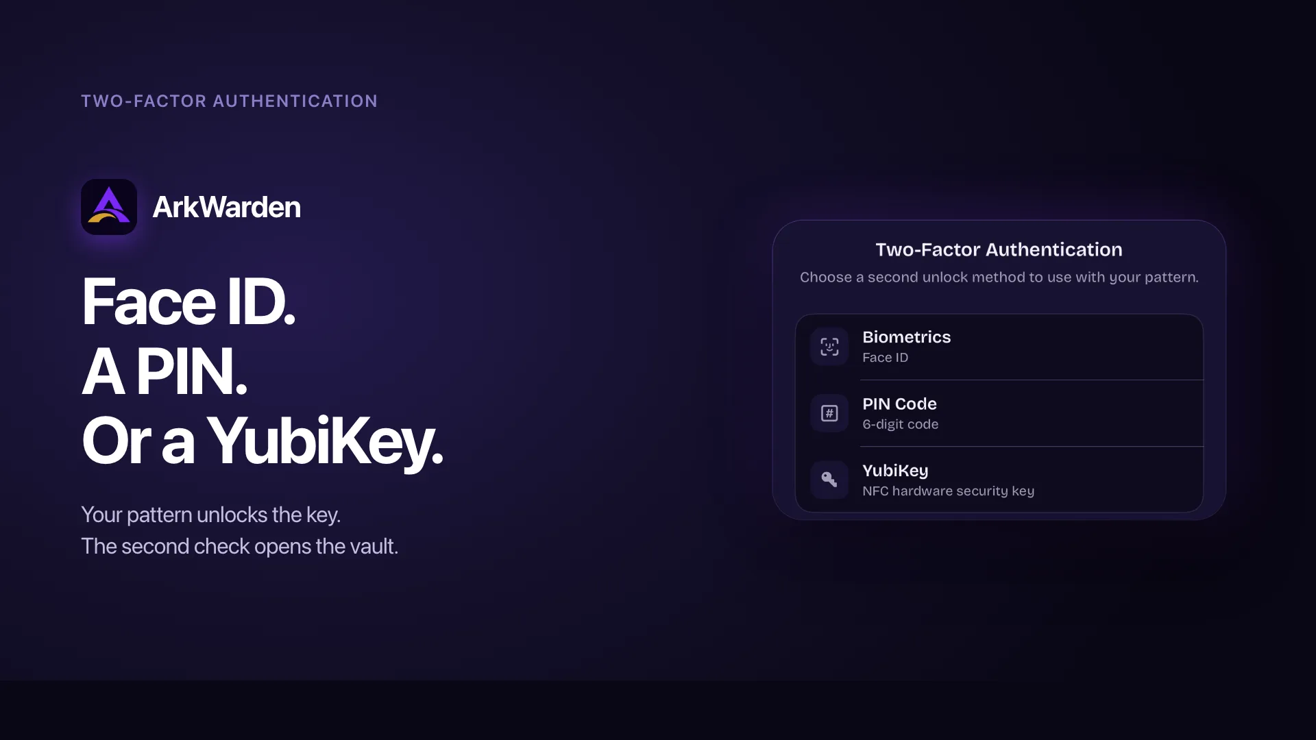 Zwei-Faktor-Authentifizierung in ArkWarden: Face ID, eine 6-stellige PIN oder ein YubiKey per NFC.