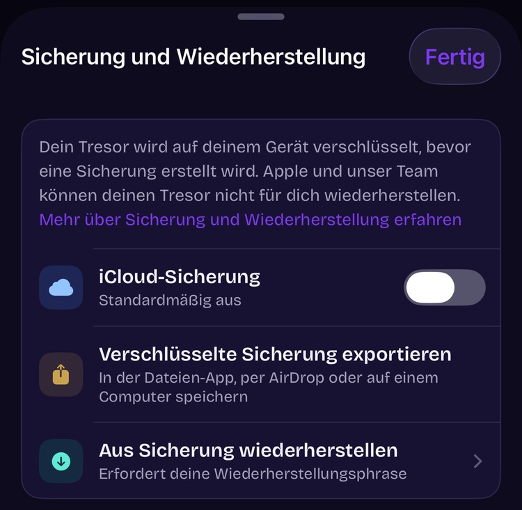 ArkWarden-Bildschirm Sicherung und Wiederherstellung mit deaktivierter iCloud-Sicherung sowie Verschlüsselte Sicherung exportieren und Aus Sicherung wiederherstellen