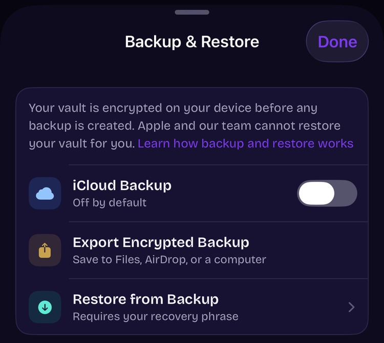 ArkWarden Backup and Restore screen with iCloud Backup off, plus Export Encrypted Backup and Restore from Backup