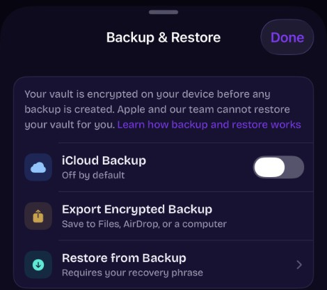 ArkWarden Backup and Restore screen with iCloud Backup off, plus Export Encrypted Backup and Restore from Backup