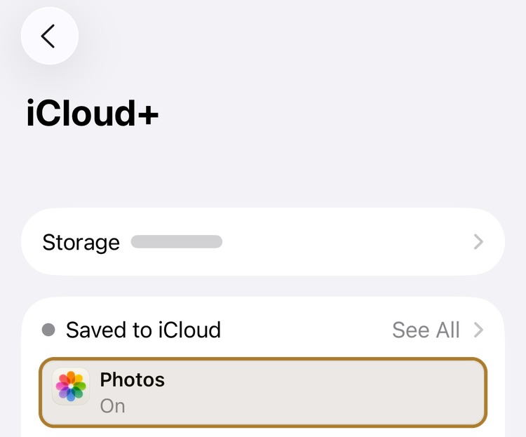 iCloud settings with the Photos tile highlighted, set to On under Saved to iCloud