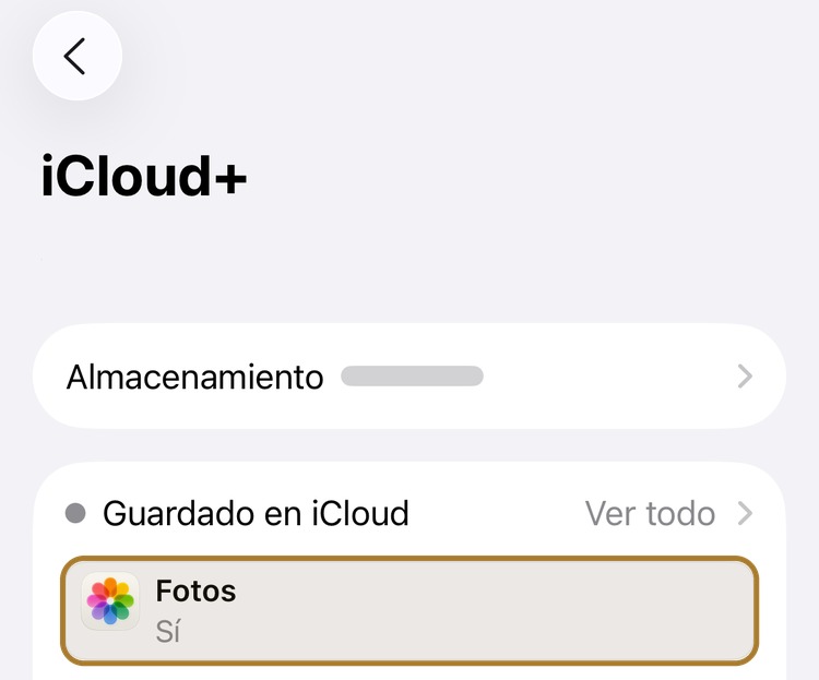 Ajustes de iCloud con el recuadro Fotos resaltado, en Sí dentro de Guardado en iCloud
