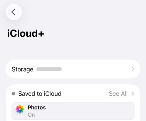 iCloud settings with Photos On under Saved to iCloud
