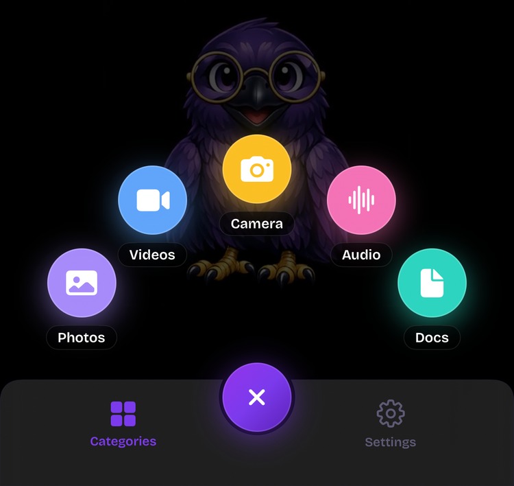 ArkWarden home screen with the add menu open around the raven, showing Photos, Videos, Camera, Audio, and Docs