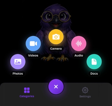 ArkWarden home screen with the add menu open around the raven, showing Photos, Videos, Camera, Audio, and Docs