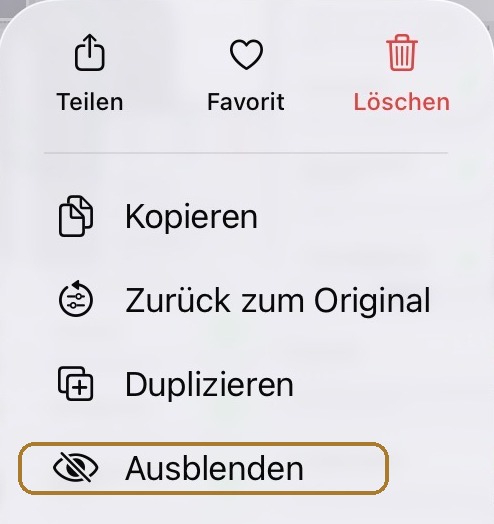 Schnellaktionsmenü unter iOS 26 nach langem Drücken einer Foto-Miniatur, mit hervorgehobenem Ausblenden weiter unten im Menü