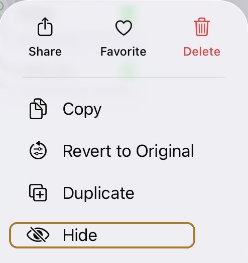 iOS 26 quick-action menu from a long-press on a photo thumbnail, with Hide highlighted lower in the menu