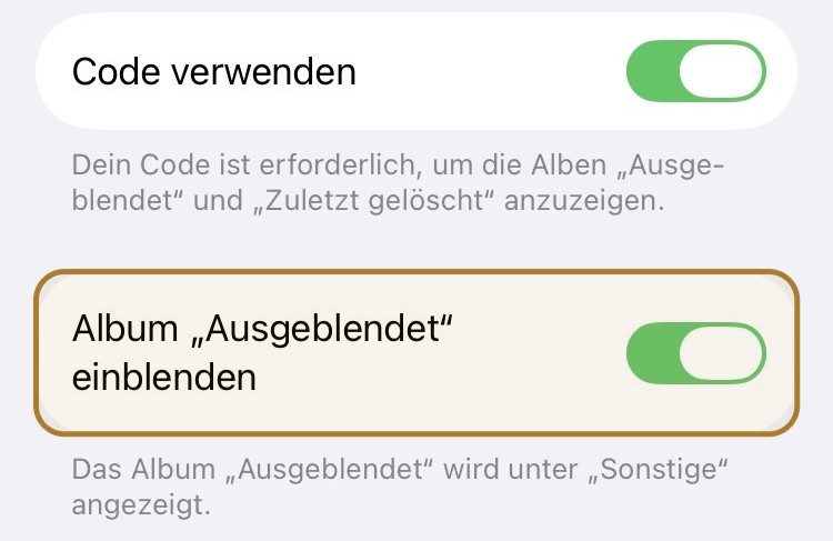 Fotos-Einstellungen unter iOS 26 mit hervorgehobener und aktivierter Option „Album ‚Ausgeblendet‘ einblenden“