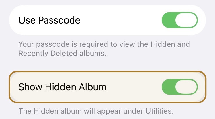 iOS 26 Photos settings with the Show Hidden Album switch highlighted and turned on