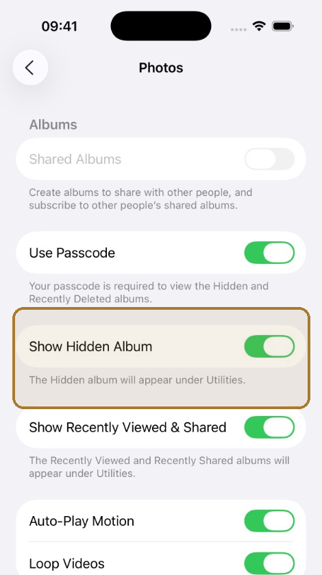 iOS Settings Photos screen with Show Hidden Album highlighted and turned on