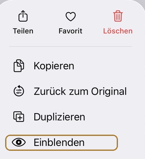 Schnellaktionsmenü unter iOS 26 innerhalb des ausgeblendeten Albums, mit hervorgehobenem Einblenden weiter unten im Menü