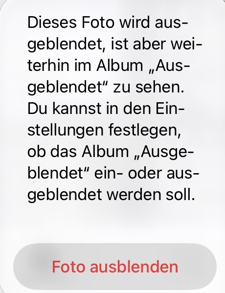 Bestätigungsdialog unter iOS 27: Dieses Foto wird ausgeblendet, kann aber im ausgeblendeten Album gefunden werden, mit der Taste Foto ausblenden