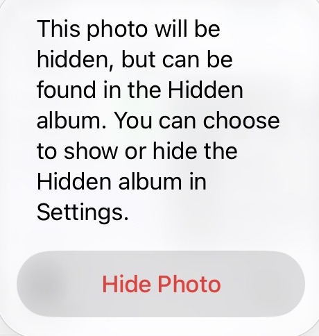 iOS 27 confirm dialog: This photo will be hidden, but can be found in the Hidden album, with a Hide Photo button