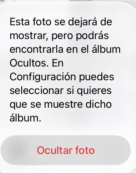 Cuadro de confirmación: la foto se ocultará, pero se puede encontrar en el álbum Oculto, con un botón Ocultar foto