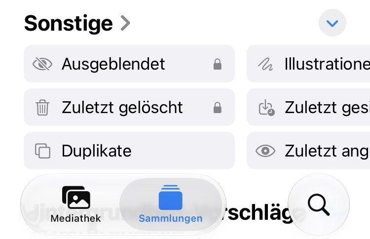 Fotos unter iOS 27: Bereich Sonstige mit Ausgeblendet und einem Schloss, Sammlungen ausgewählt
