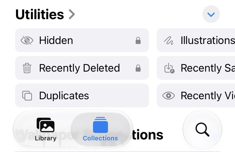 iOS 27 Photos app: Utilities section with Hidden and a lock icon, and the Collections button selected