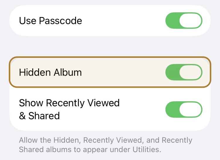 iOS 27 Albums settings with the Hidden Album switch highlighted and turned on