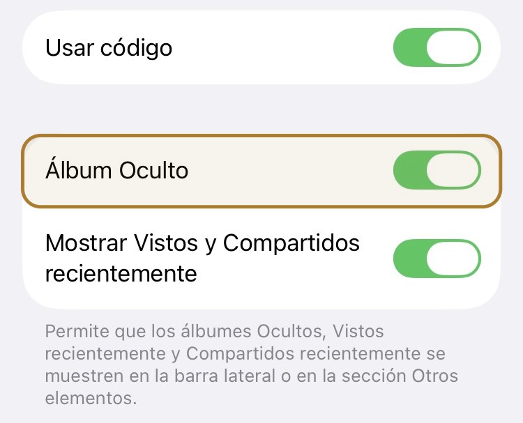 Ajustes de Álbumes en iOS 27 con el ajuste Álbum Oculto resaltado y activado