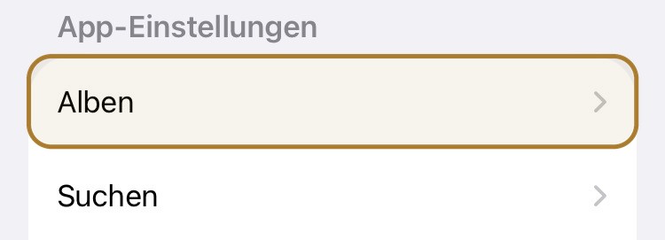 Fotos-Einstellungen unter iOS 27 mit hervorgehobener Zeile Alben unter App-Einstellungen