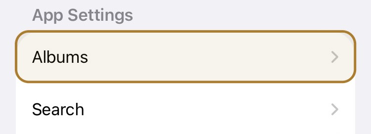 iOS 27 Photos settings with the Albums row under App Settings highlighted