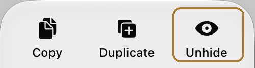 iOS 27 quick-action menu inside the Hidden album, with Unhide highlighted in the top row