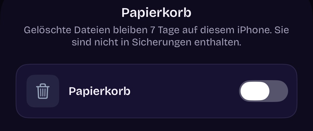 Papierkorb-Einstellung in ArkWarden, ausgeschaltet, mit dem Hinweis, dass gelöschte Dateien 7 Tage bleiben und nicht in Sicherungen enthalten sind
