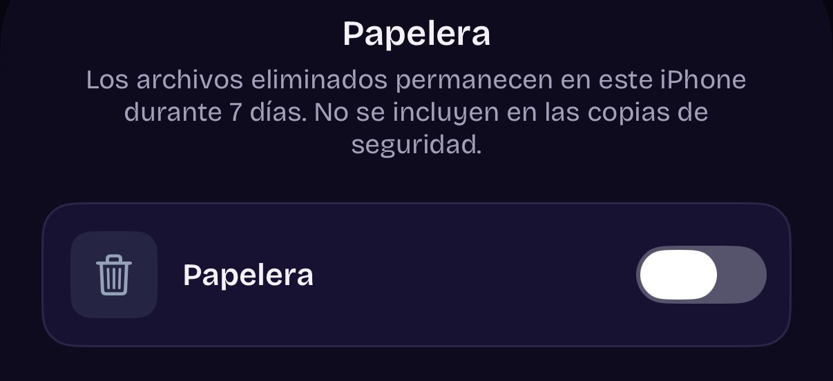 Ajuste Papelera de ArkWarden, desactivado, que indica que los archivos eliminados se quedan 7 días y no se incluyen en las copias de seguridad