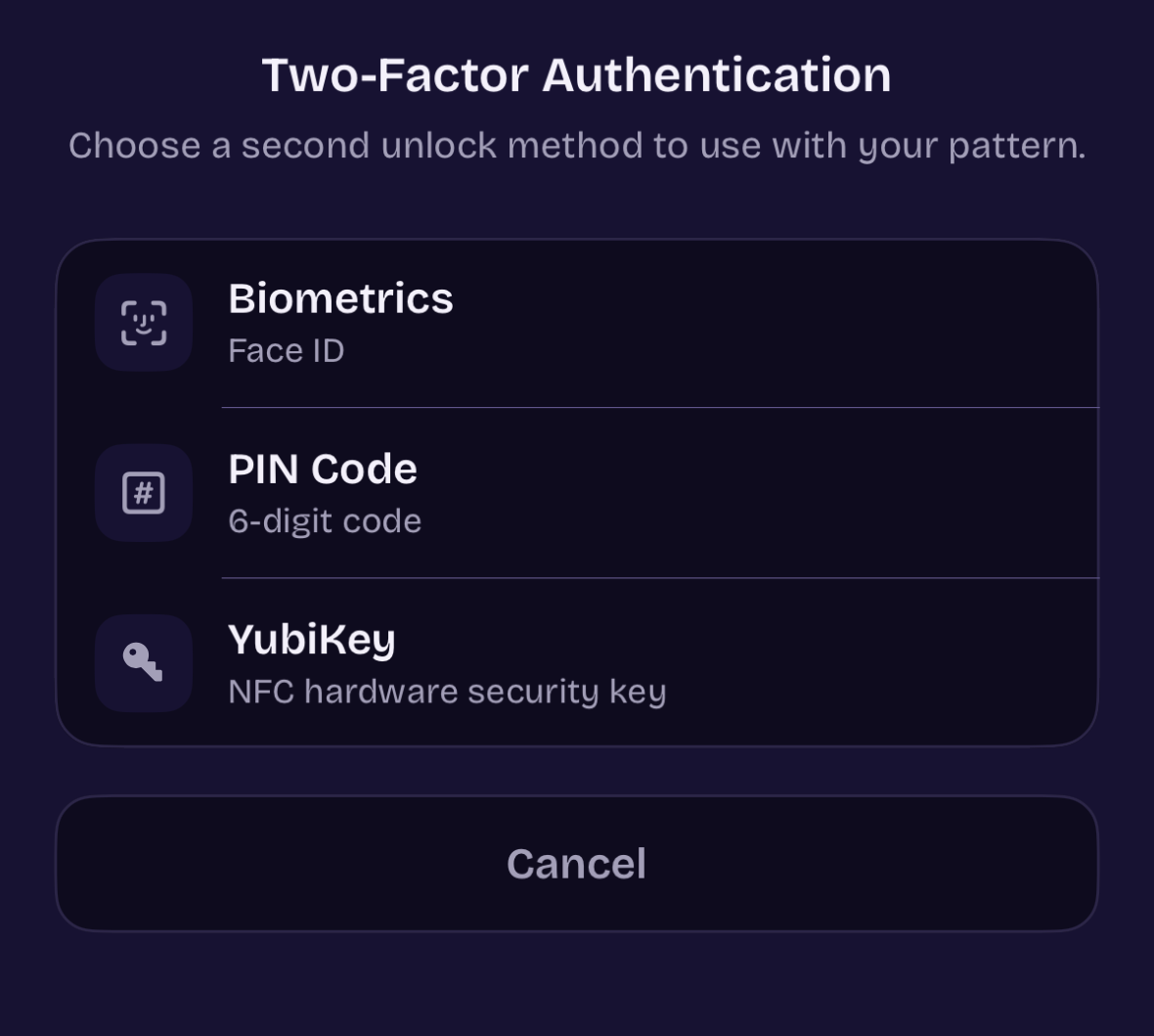 ArkWarden two-factor authentication screen showing Biometrics, PIN Code, and YubiKey options