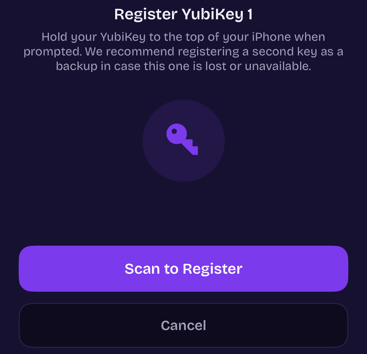 ArkWarden Register YubiKey 1 screen with a Scan to Register button and advice to register a second backup key