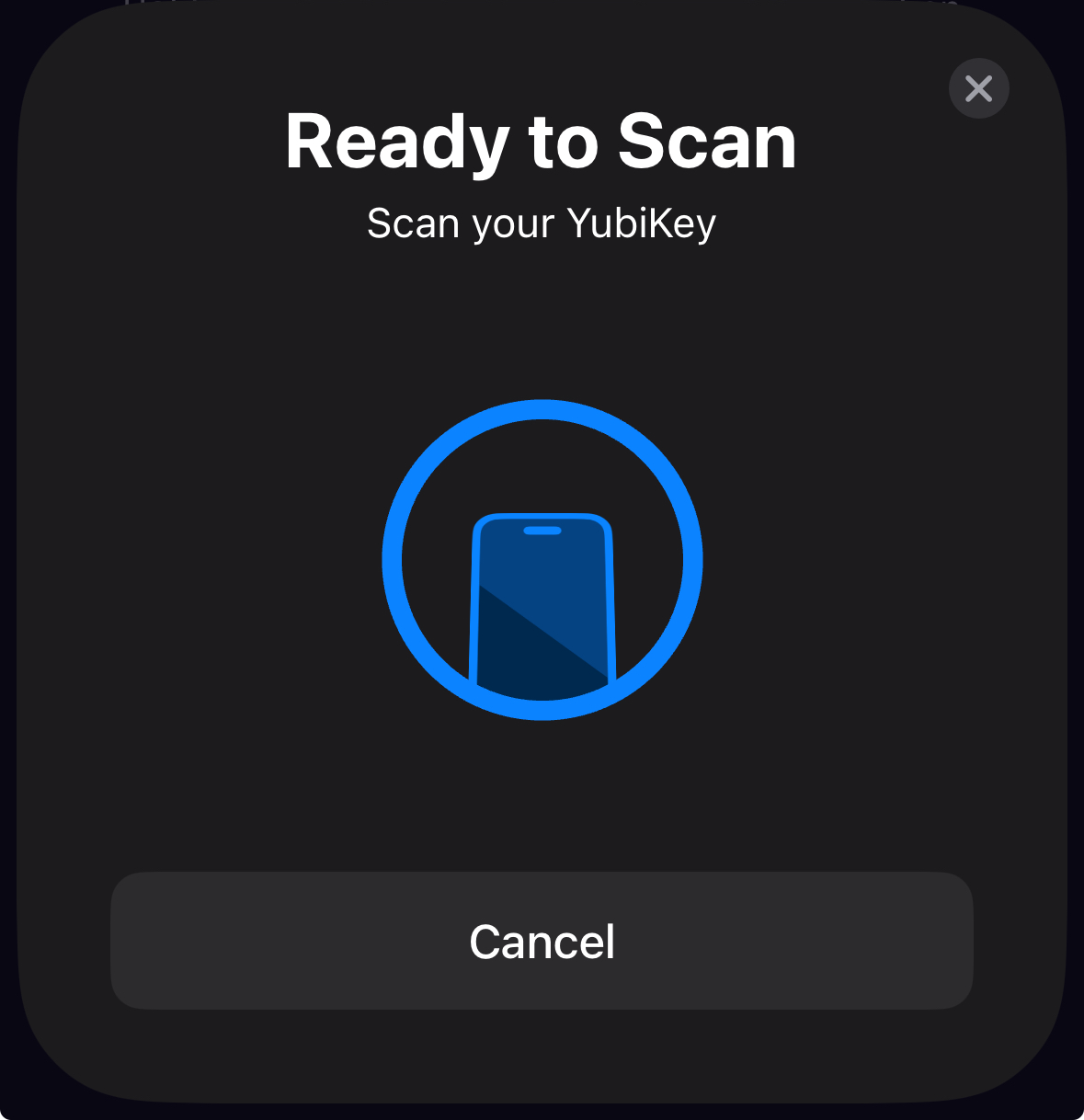 iOS Ready to Scan NFC sheet during vault unlock