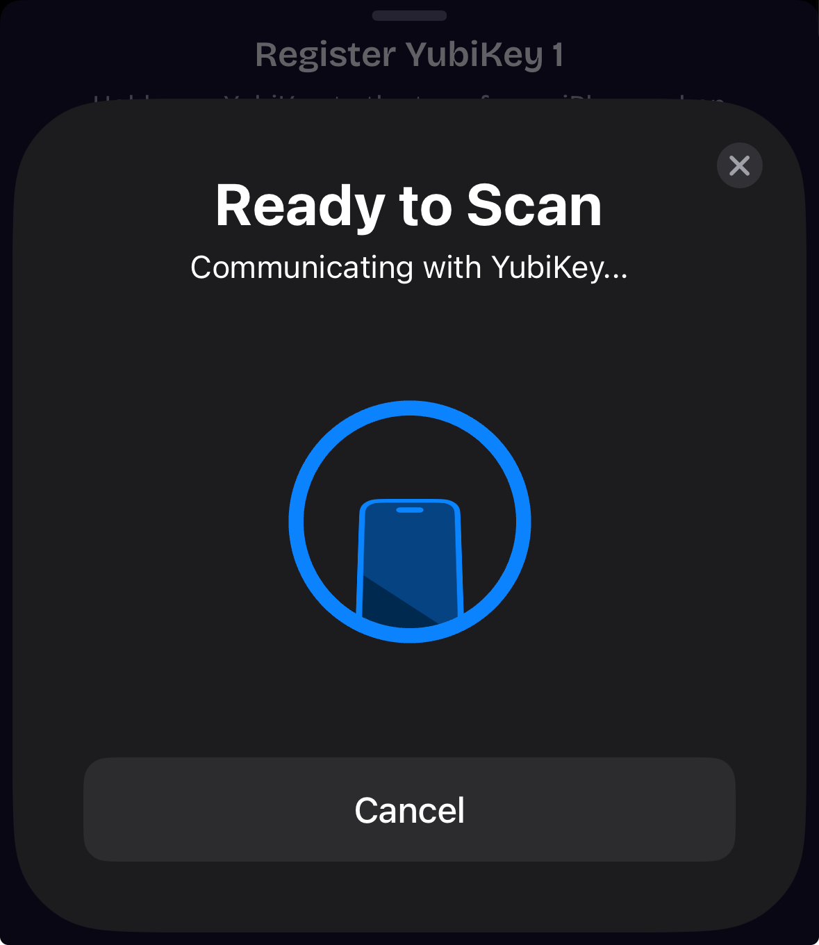 iOS NFC sheet showing ArkWarden communicating with the YubiKey