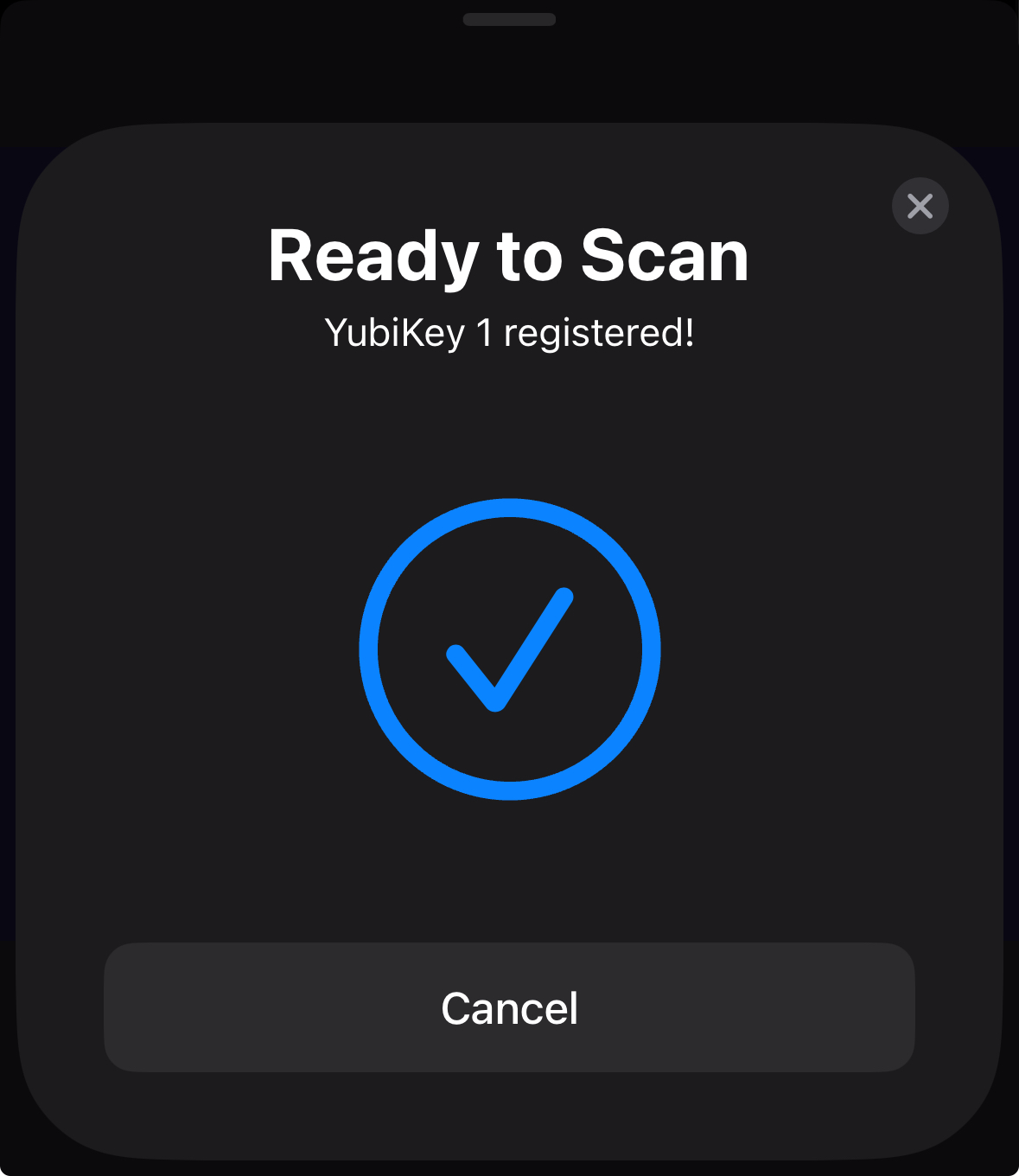 iOS NFC sheet confirming YubiKey 1 registered with a checkmark